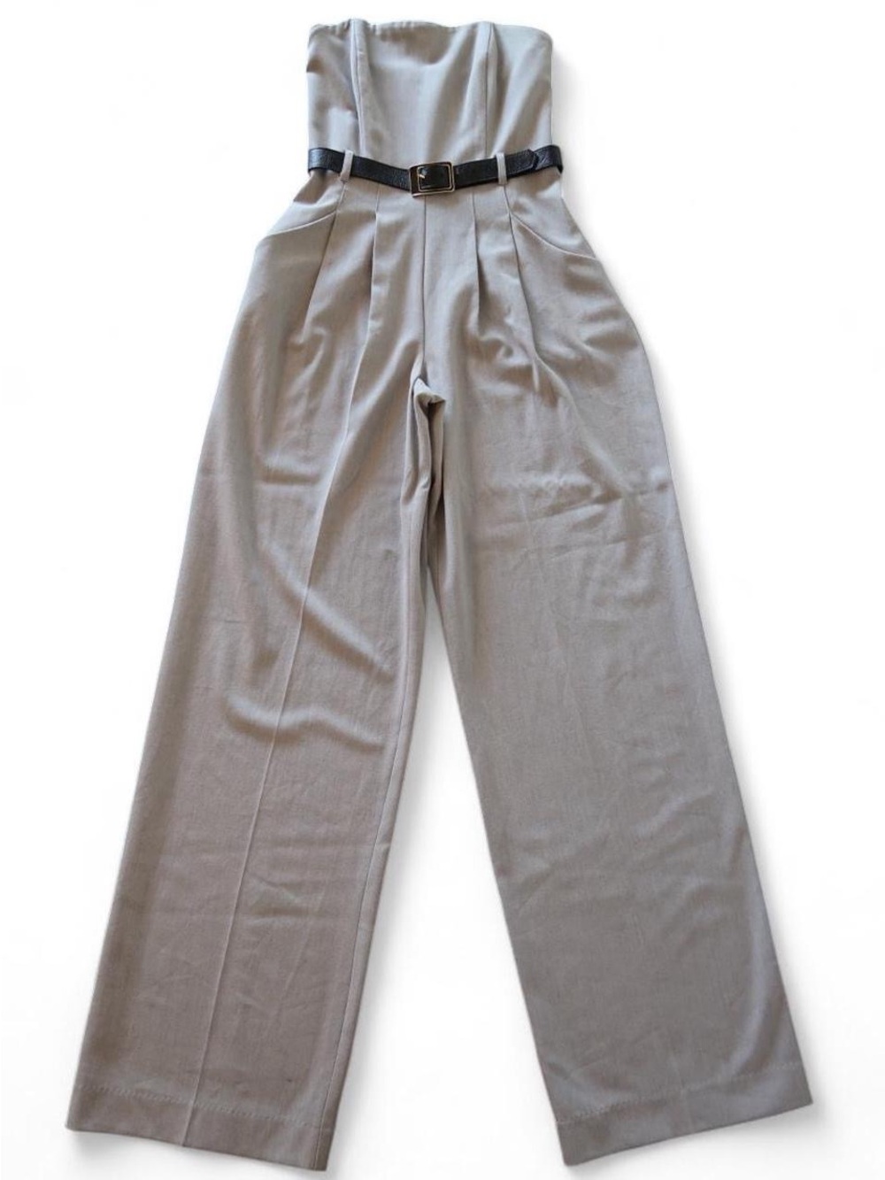 Black Halo Light Grey Strapless Jumpsuit with Black Belt